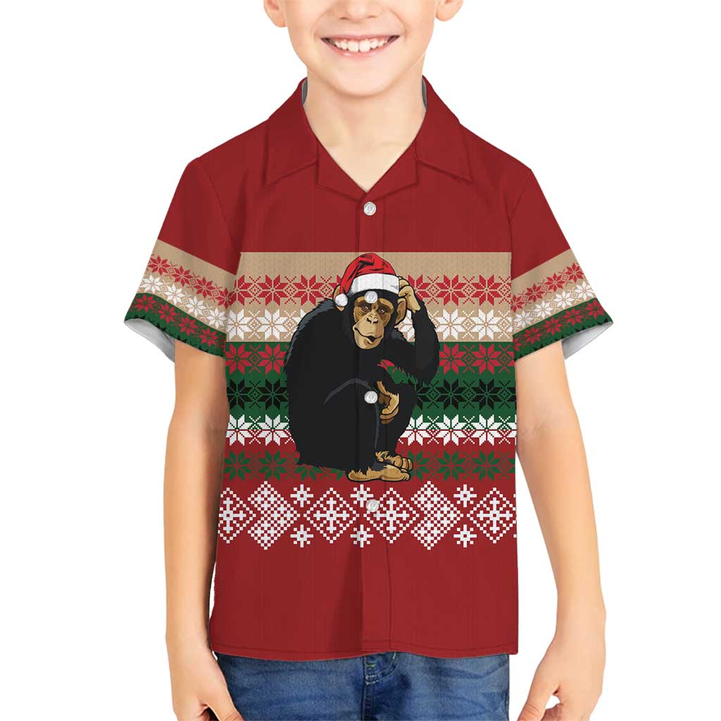 Chimpanzee Christmas Family Matching Summer Maxi Dress and Hawaiian Shirt Chimpanzee Wearing Santa Hat - Red Green Snowflake - Wonder Print Shop