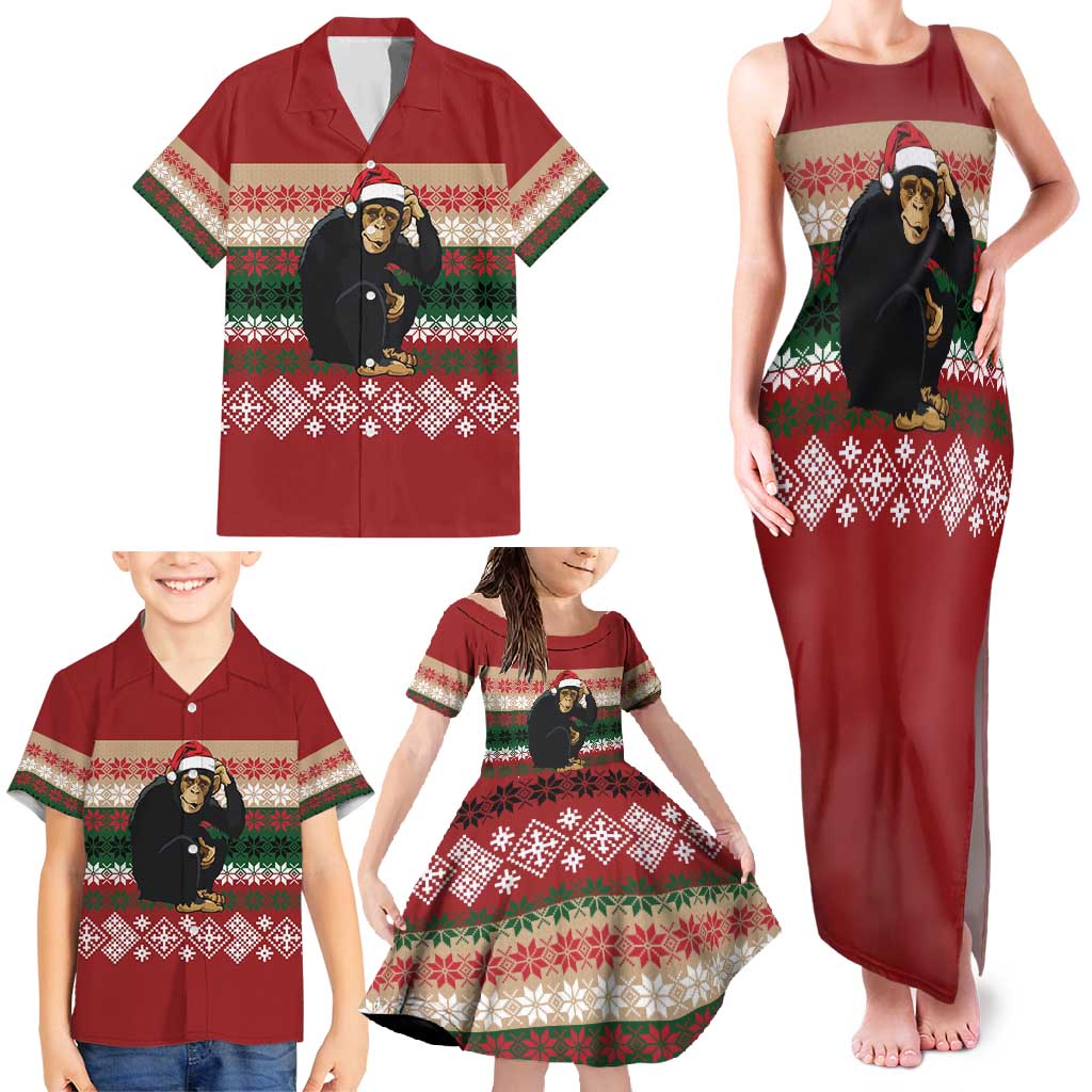 Chimpanzee Christmas Family Matching Tank Maxi Dress and Hawaiian Shirt Chimpanzee Wearing Santa Hat - Red Green Snowflake - Wonder Print Shop