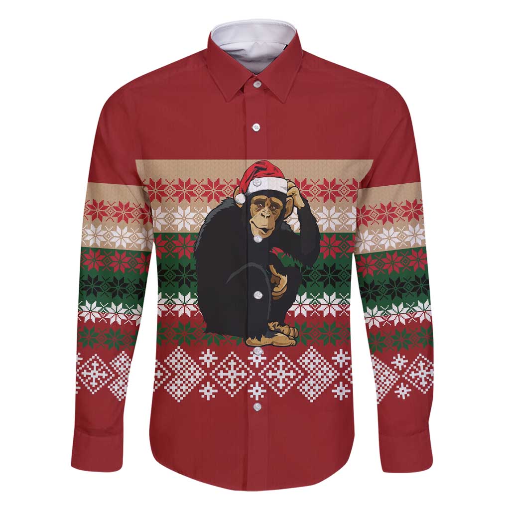 Chimpanzee Christmas Family Matching Tank Maxi Dress and Hawaiian Shirt Chimpanzee Wearing Santa Hat - Red Green Snowflake - Wonder Print Shop