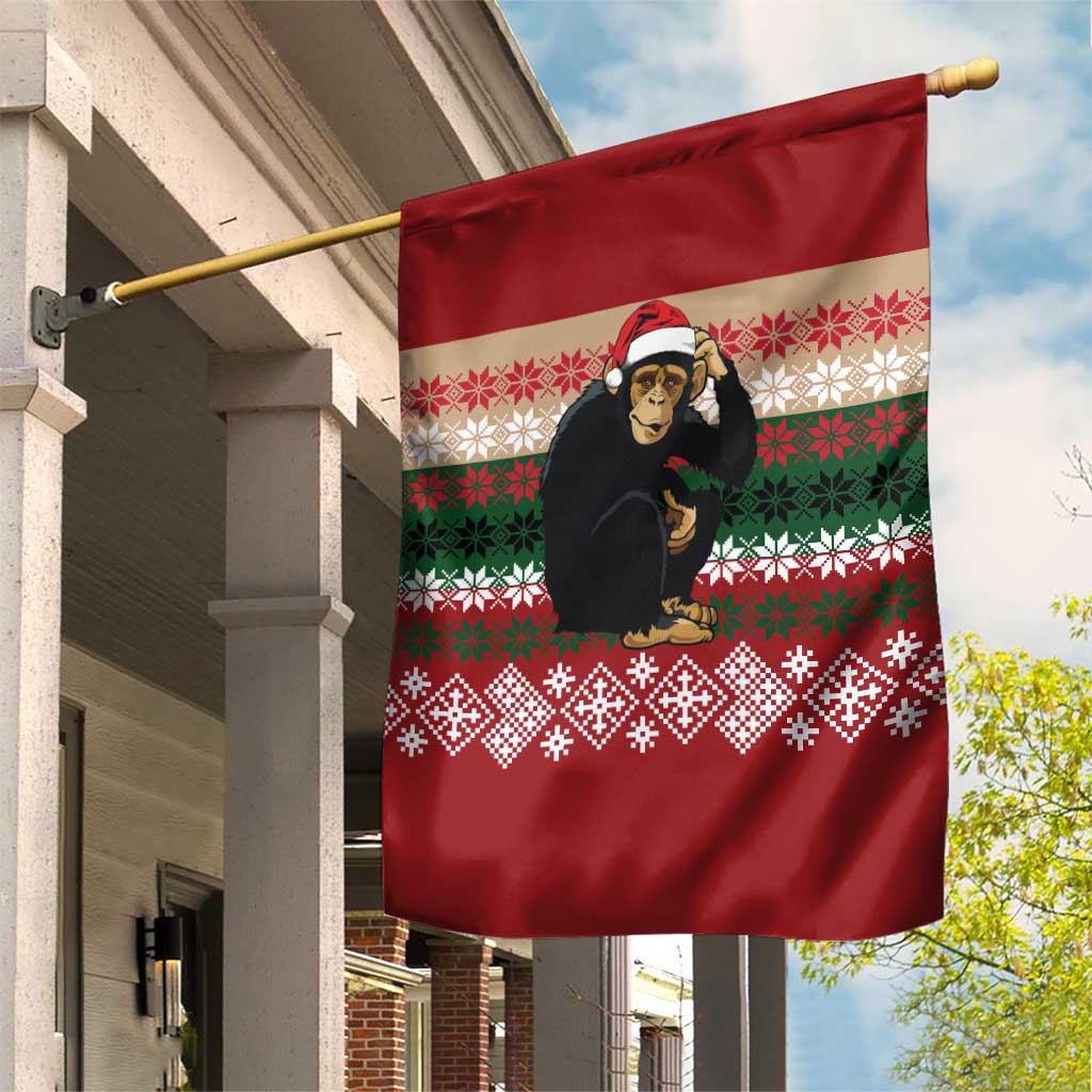 Chimpanzee Christmas Garden Flag Chimpanzee Wearing Santa Hat - Red Green Snowflake - Wonder Print Shop