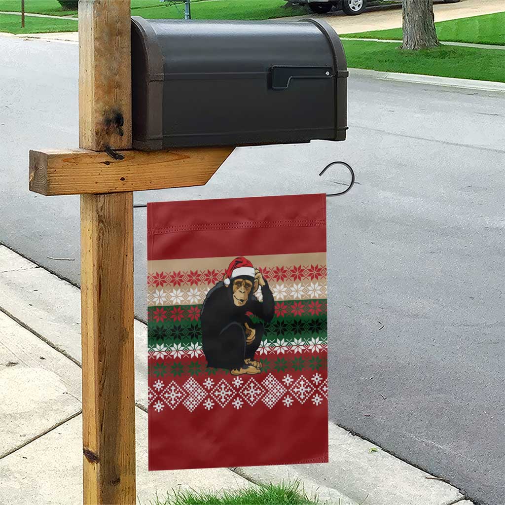 Chimpanzee Christmas Garden Flag Chimpanzee Wearing Santa Hat - Red Green Snowflake - Wonder Print Shop