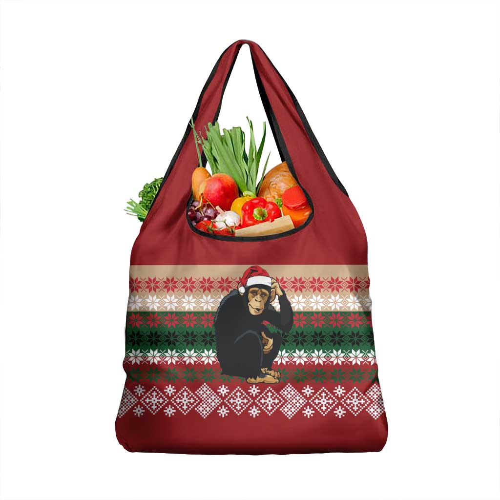 Chimpanzee Christmas Grocery Bag Chimpanzee Wearing Santa Hat - Red Green Snowflake - Wonder Print Shop