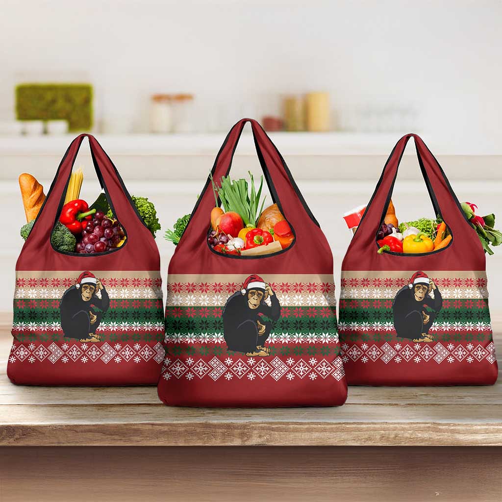 Chimpanzee Christmas Grocery Bag Chimpanzee Wearing Santa Hat - Red Green Snowflake - Wonder Print Shop