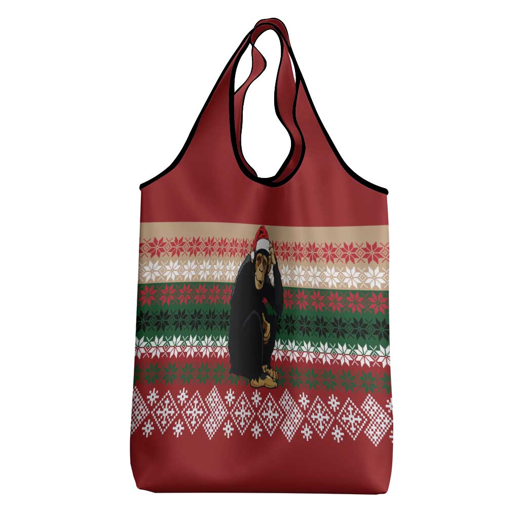 Chimpanzee Christmas Grocery Bag Chimpanzee Wearing Santa Hat - Red Green Snowflake - Wonder Print Shop