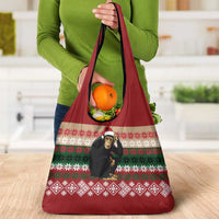 Chimpanzee Christmas Grocery Bag Chimpanzee Wearing Santa Hat - Red Green Snowflake - Wonder Print Shop