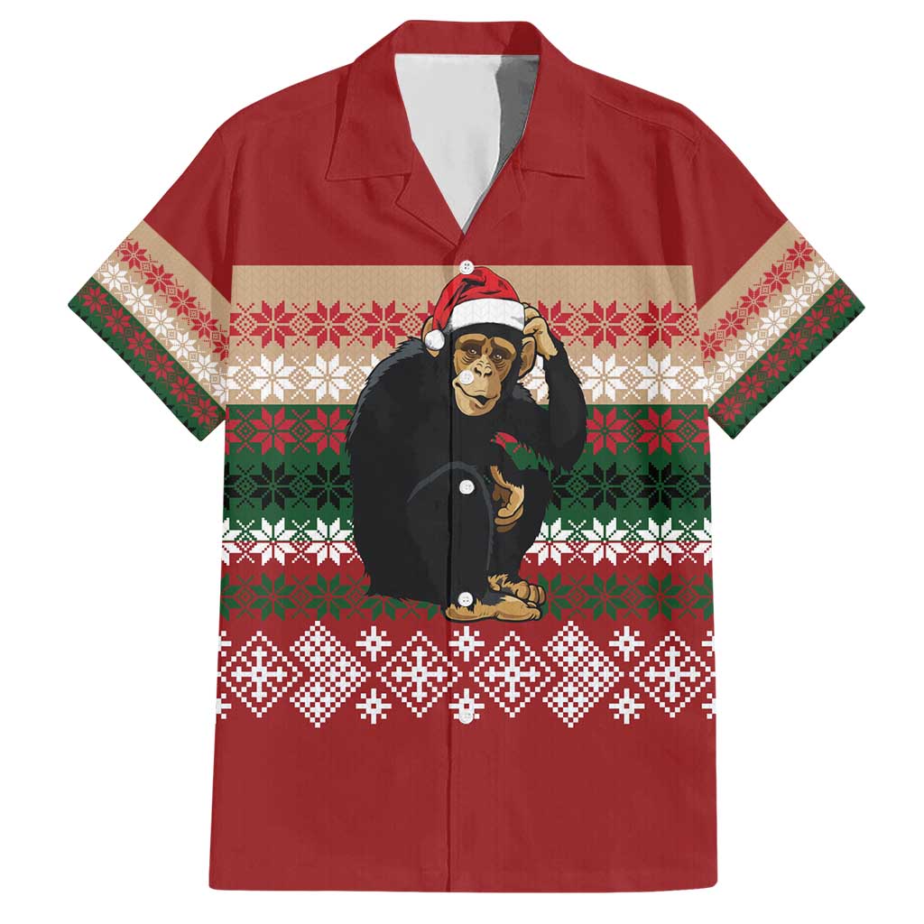 Chimpanzee Christmas Hawaiian Shirt Chimpanzee Wearing Santa Hat - Red Green Snowflake - Wonder Print Shop