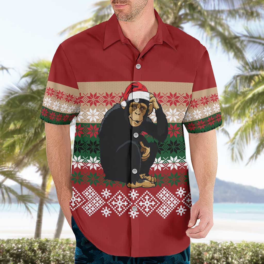 Chimpanzee Christmas Hawaiian Shirt Chimpanzee Wearing Santa Hat - Red Green Snowflake - Wonder Print Shop