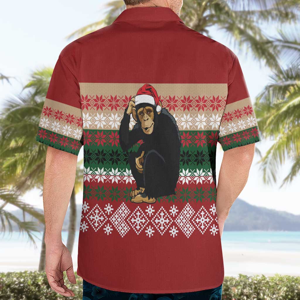 Chimpanzee Christmas Hawaiian Shirt Chimpanzee Wearing Santa Hat - Red Green Snowflake - Wonder Print Shop