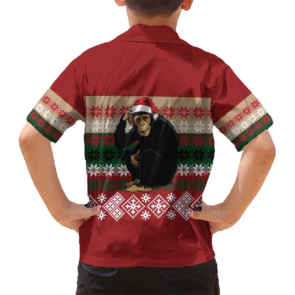 Chimpanzee Christmas Hawaiian Shirt Chimpanzee Wearing Santa Hat - Red Green Snowflake - Wonder Print Shop