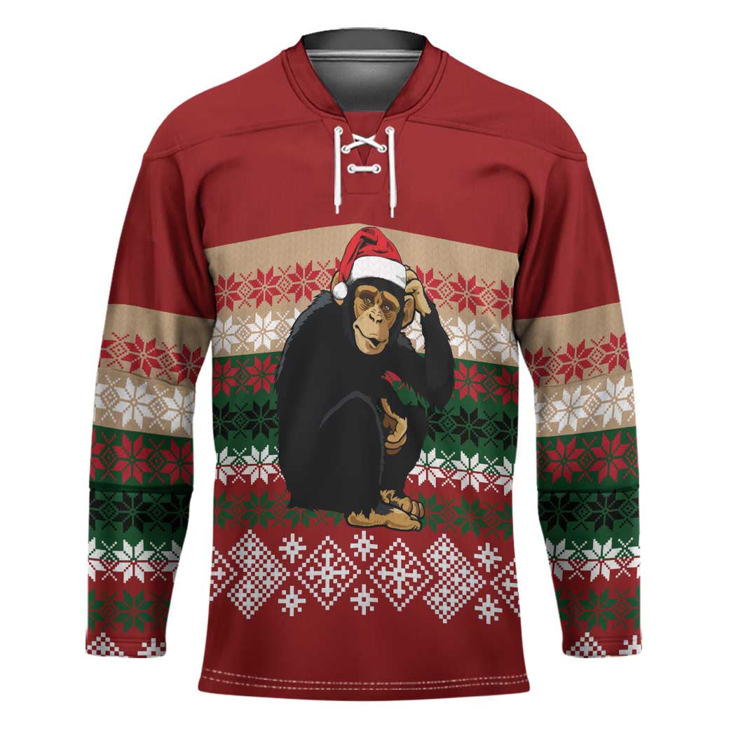 Chimpanzee Christmas Hockey Jersey Chimpanzee Wearing Santa Hat - Red Green Snowflake - Wonder Print Shop