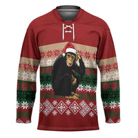 Chimpanzee Christmas Hockey Jersey Chimpanzee Wearing Santa Hat - Red Green Snowflake - Wonder Print Shop