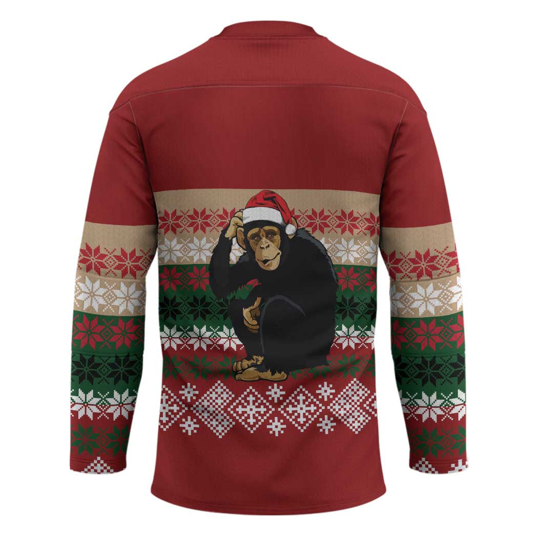 Chimpanzee Christmas Hockey Jersey Chimpanzee Wearing Santa Hat - Red Green Snowflake - Wonder Print Shop