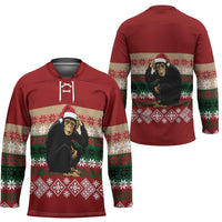 Chimpanzee Christmas Hockey Jersey Chimpanzee Wearing Santa Hat - Red Green Snowflake - Wonder Print Shop