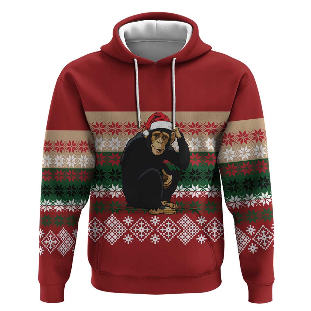 Chimpanzee Christmas Hoodie Chimpanzee Wearing Santa Hat - Red Green Snowflake - Wonder Print Shop