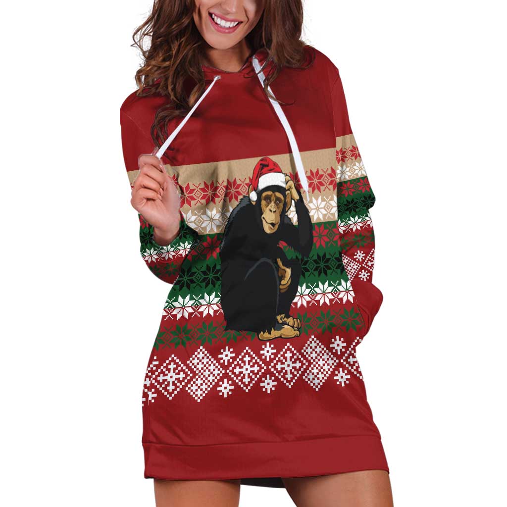 Chimpanzee Christmas Hoodie Dress Chimpanzee Wearing Santa Hat - Red Green Snowflake - Wonder Print Shop