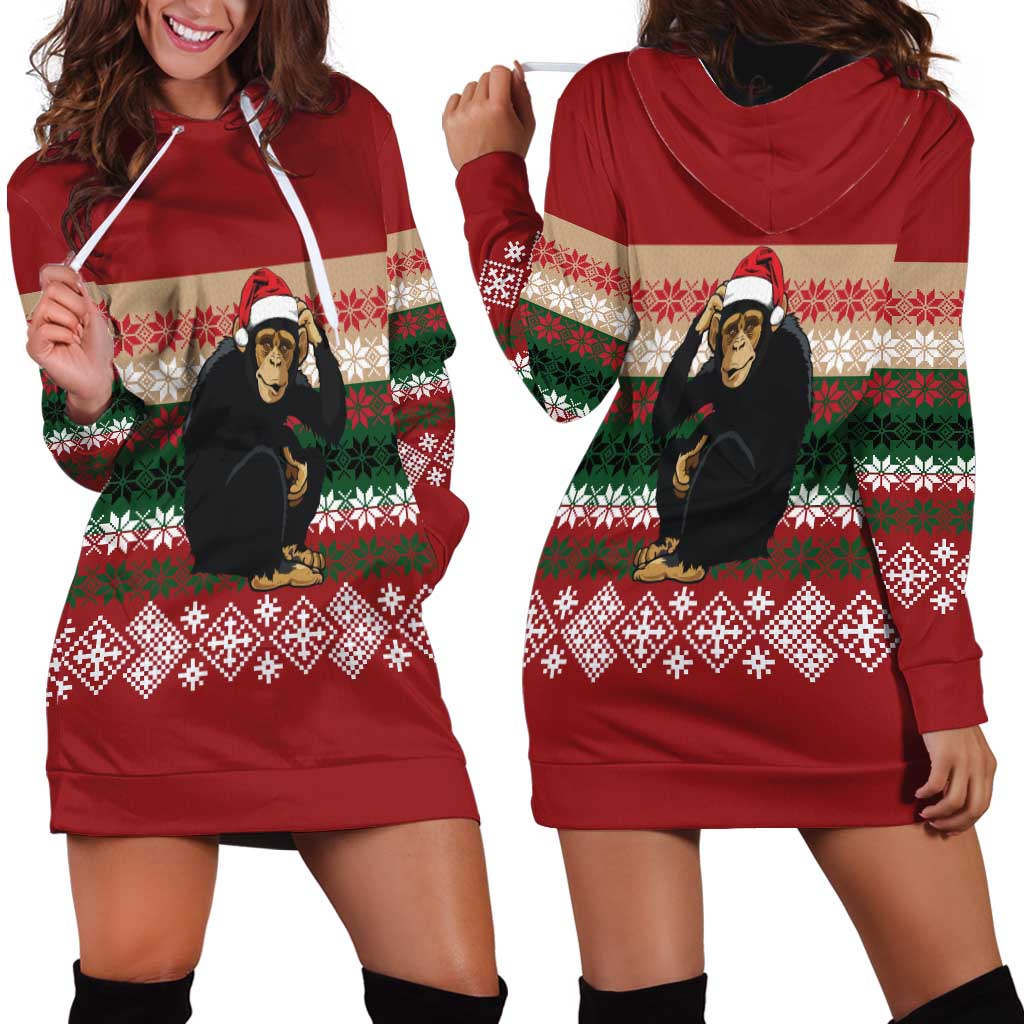 Chimpanzee Christmas Hoodie Dress Chimpanzee Wearing Santa Hat - Red Green Snowflake - Wonder Print Shop
