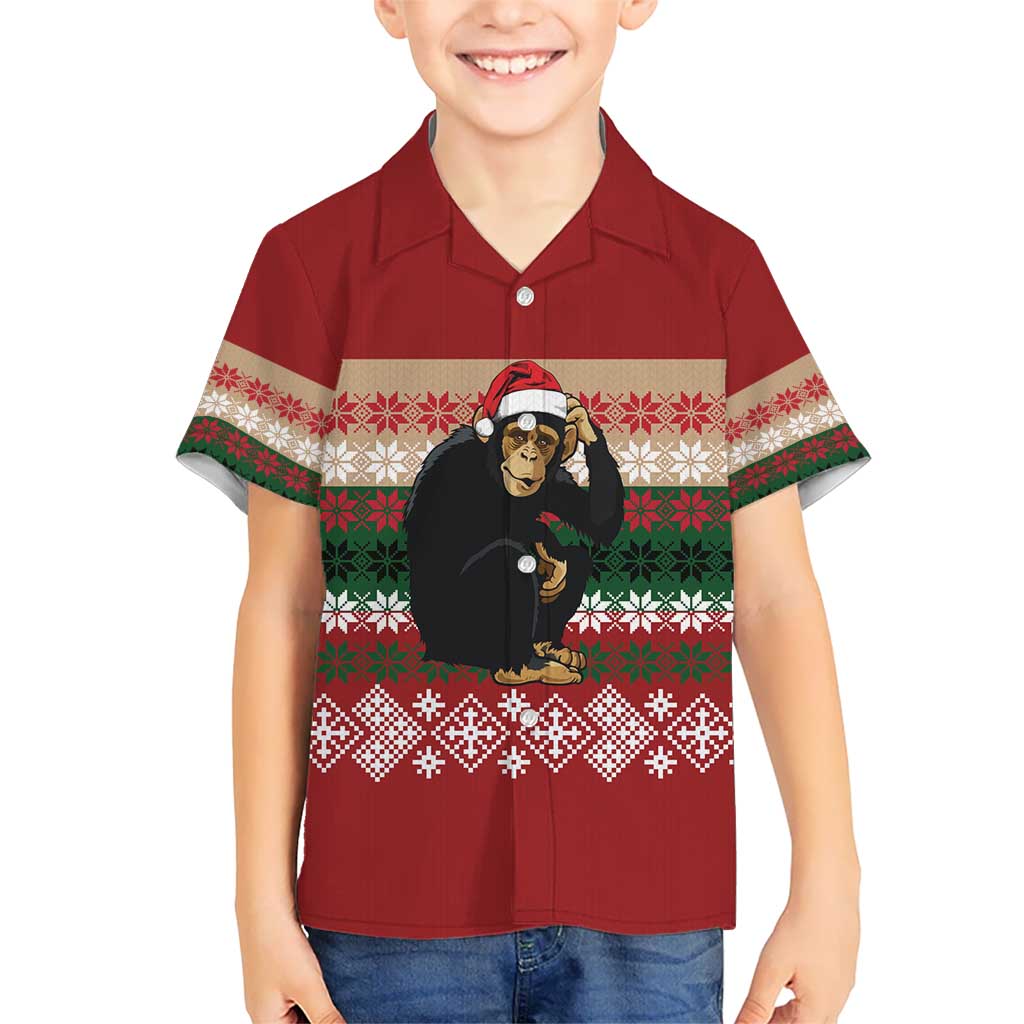 Chimpanzee Christmas Kid Hawaiian Shirt Chimpanzee Wearing Santa Hat - Red Green Snowflake - Wonder Print Shop