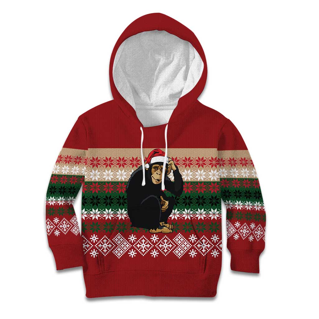 Chimpanzee Christmas Kid Hoodie Chimpanzee Wearing Santa Hat - Red Green Snowflake - Wonder Print Shop