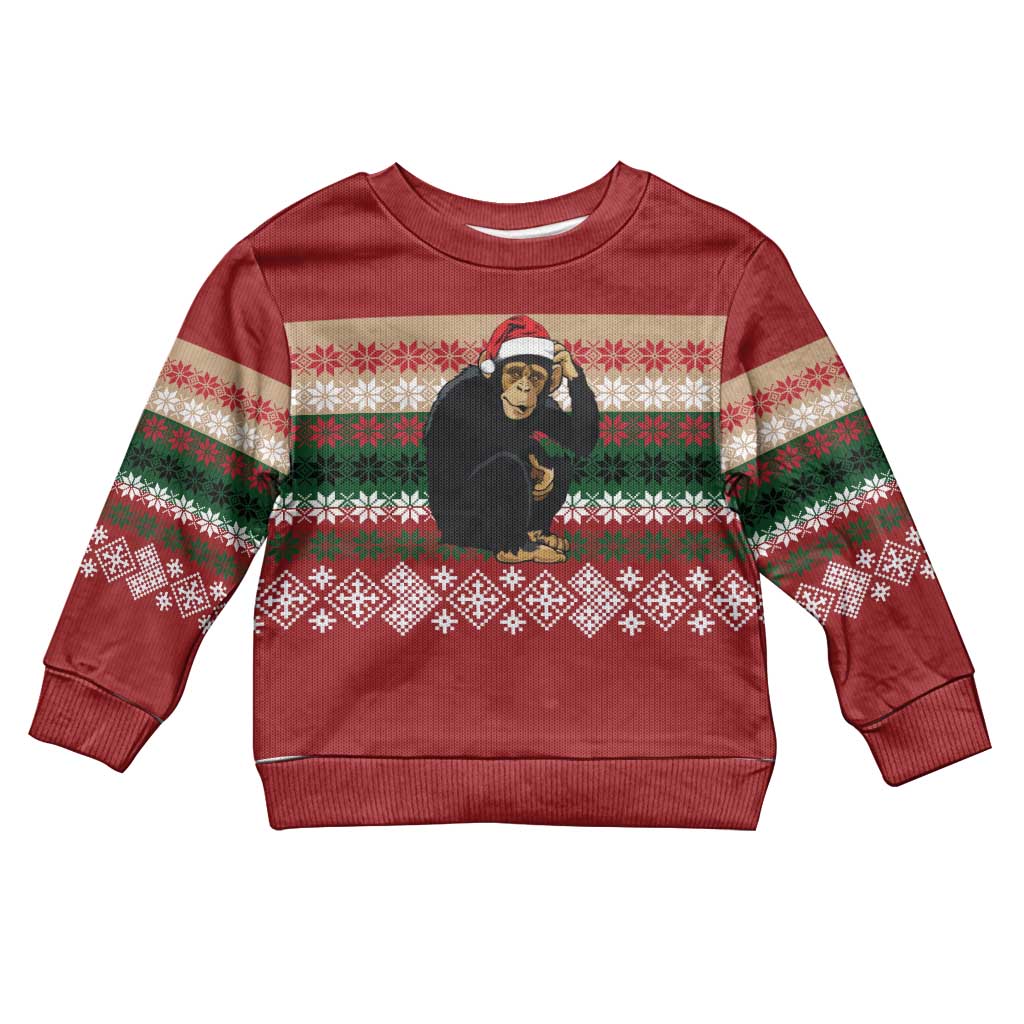 Chimpanzee Christmas Kid Ugly Christmas Sweater Chimpanzee Wearing Santa Hat - Red Green Snowflake - Wonder Print Shop