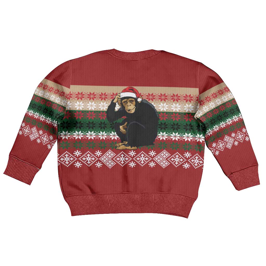 Chimpanzee Christmas Kid Ugly Christmas Sweater Chimpanzee Wearing Santa Hat - Red Green Snowflake - Wonder Print Shop