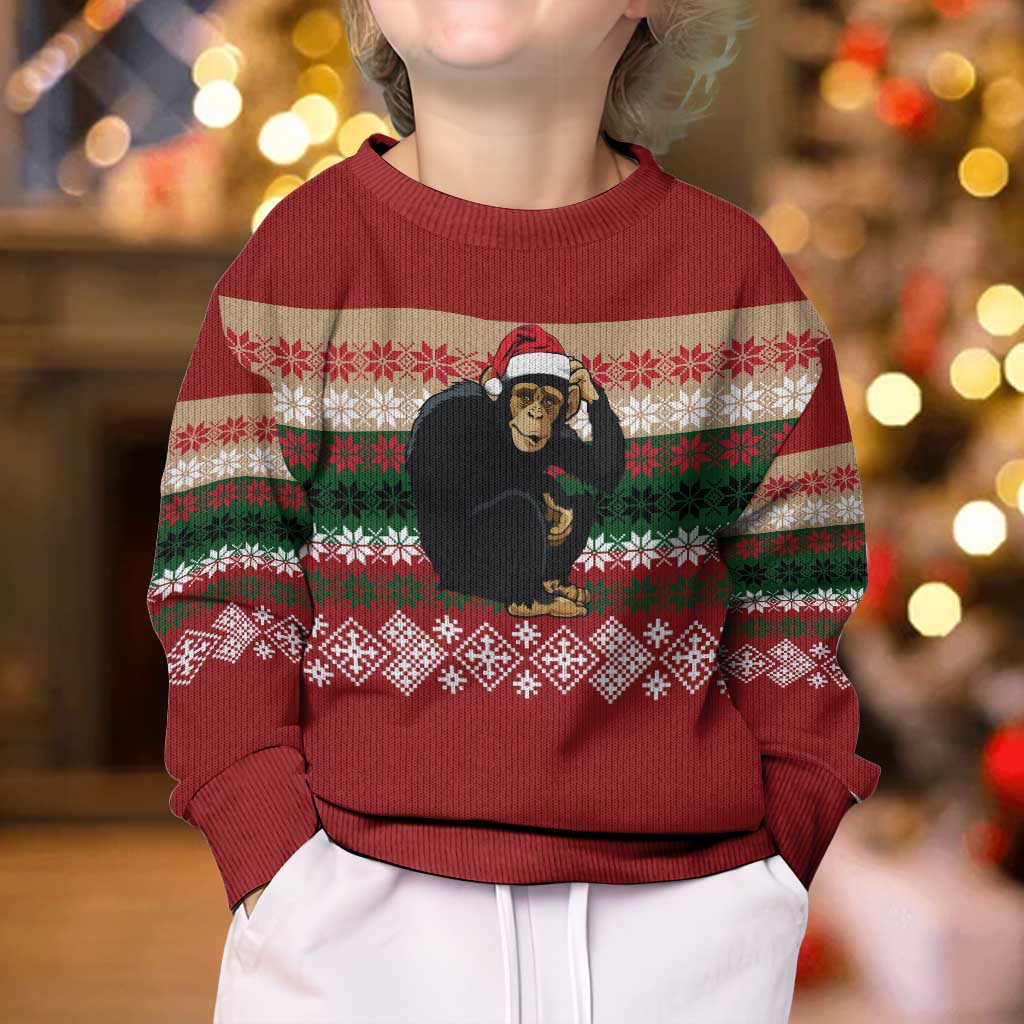 Chimpanzee Christmas Kid Ugly Christmas Sweater Chimpanzee Wearing Santa Hat - Red Green Snowflake - Wonder Print Shop