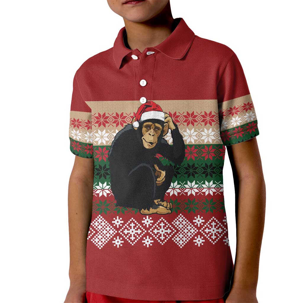 Chimpanzee Christmas Kid Polo Shirt Chimpanzee Wearing Santa Hat - Red Green Snowflake - Wonder Print Shop