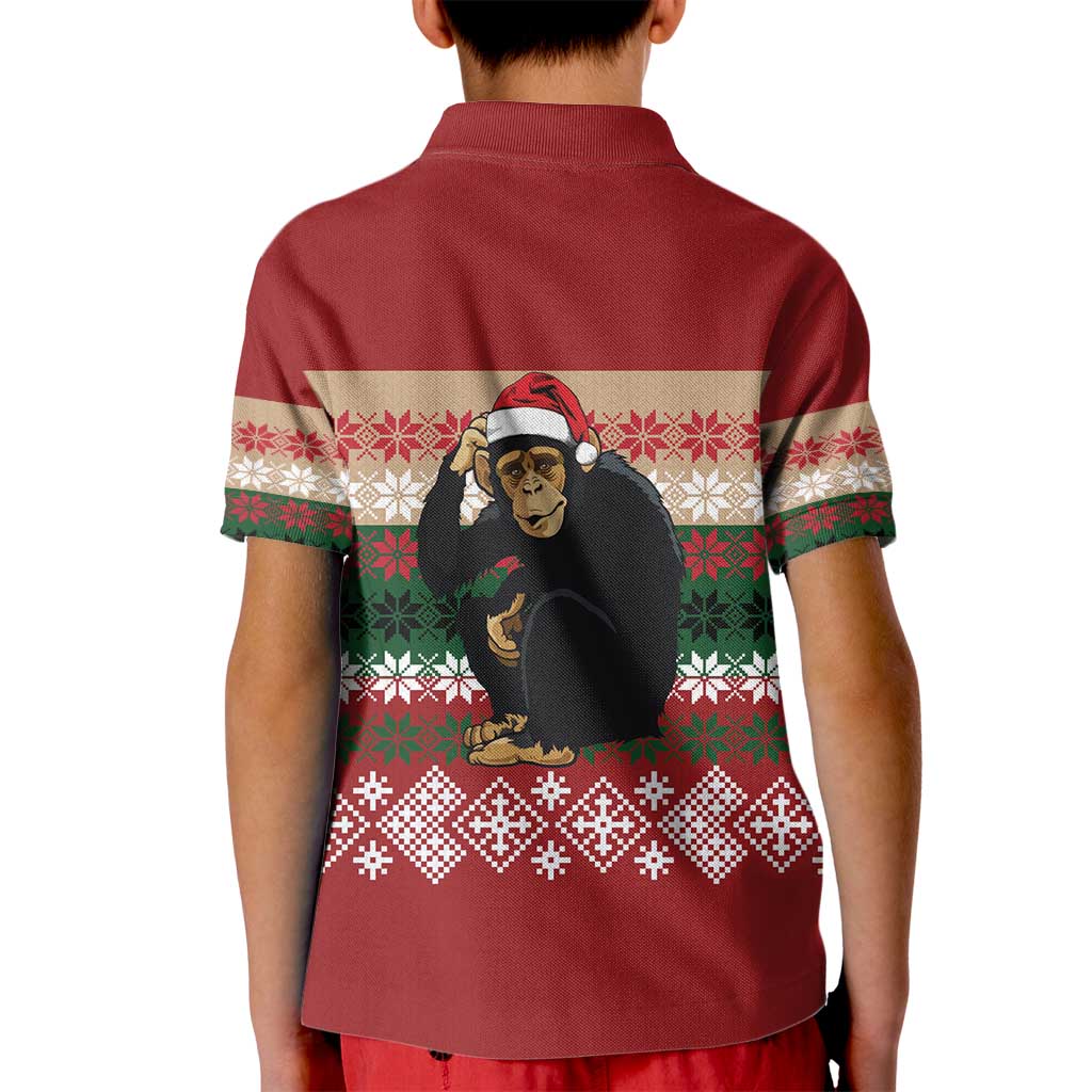 Chimpanzee Christmas Kid Polo Shirt Chimpanzee Wearing Santa Hat - Red Green Snowflake - Wonder Print Shop