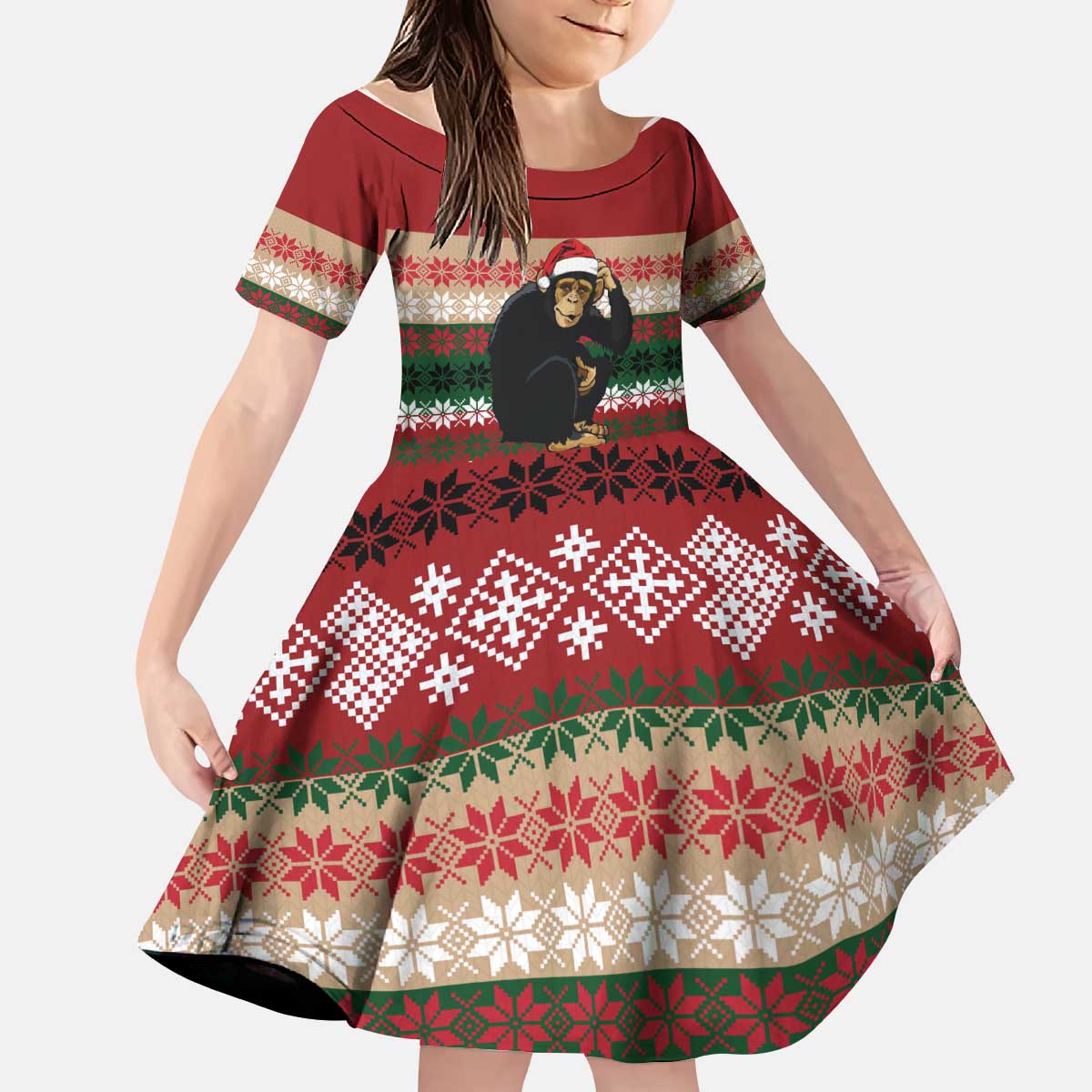 Chimpanzee Christmas Kid Short Sleeve Dress Chimpanzee Wearing Santa Hat - Red Green Snowflake - Wonder Print Shop