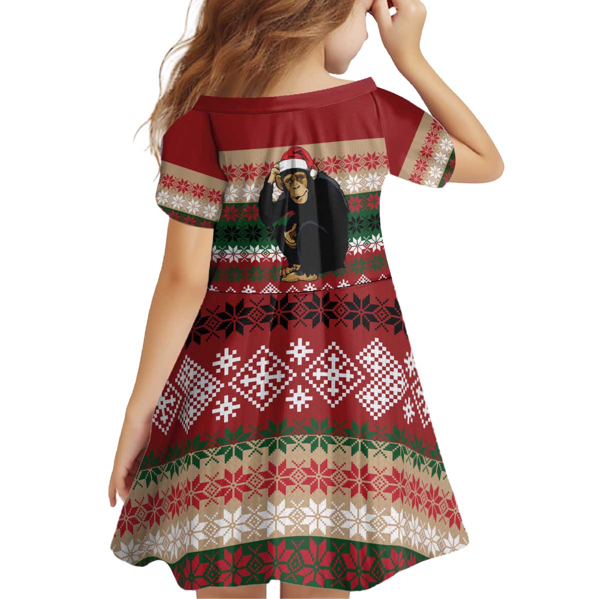 Chimpanzee Christmas Kid Short Sleeve Dress Chimpanzee Wearing Santa Hat - Red Green Snowflake - Wonder Print Shop