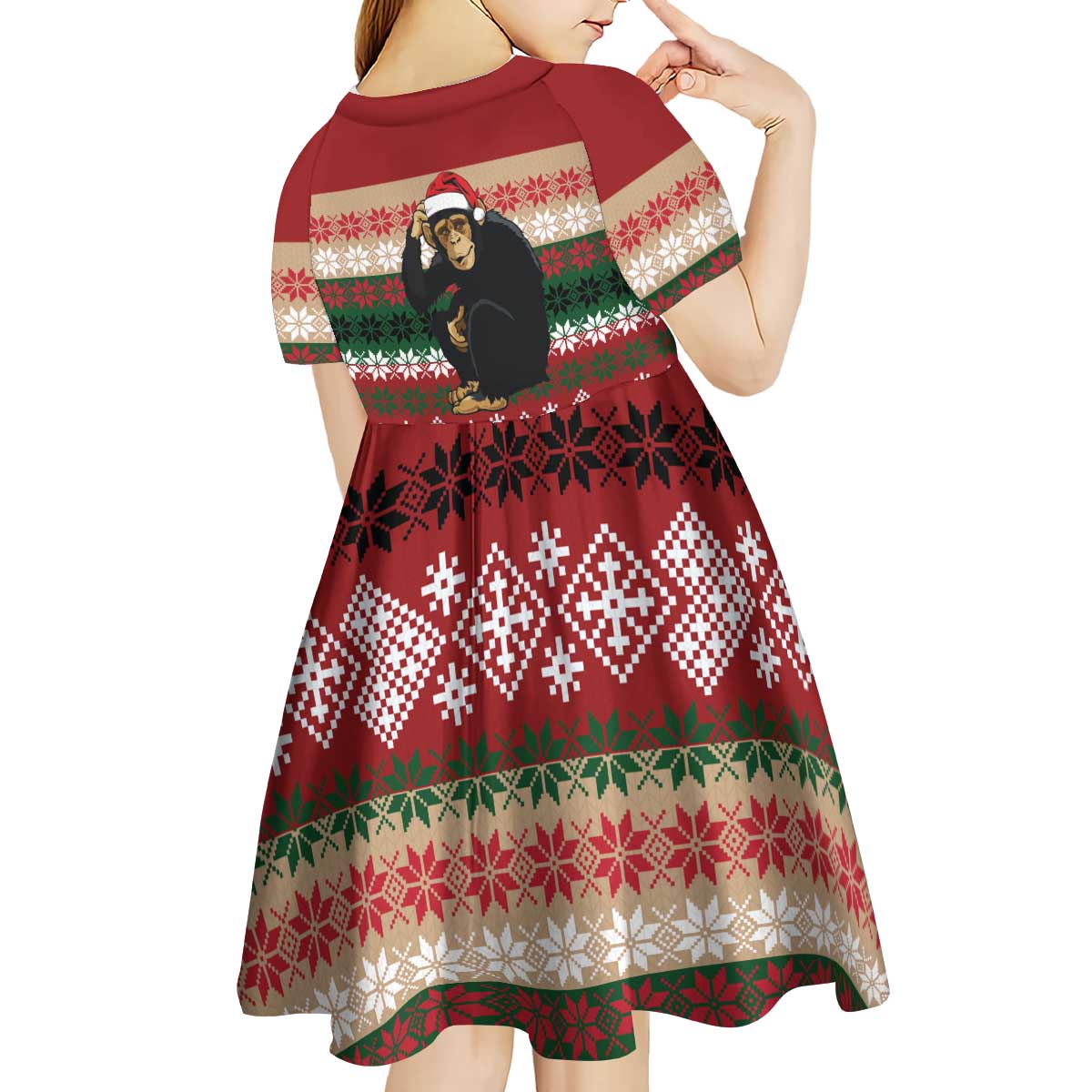 Chimpanzee Christmas Kid Short Sleeve Dress Chimpanzee Wearing Santa Hat - Red Green Snowflake - Wonder Print Shop