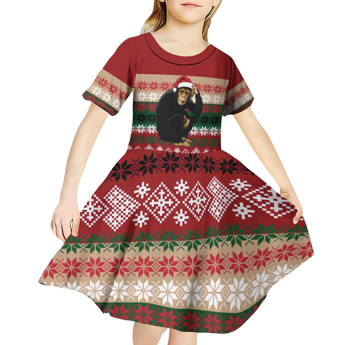 Chimpanzee Christmas Kid Short Sleeve Dress Chimpanzee Wearing Santa Hat - Red Green Snowflake - Wonder Print Shop