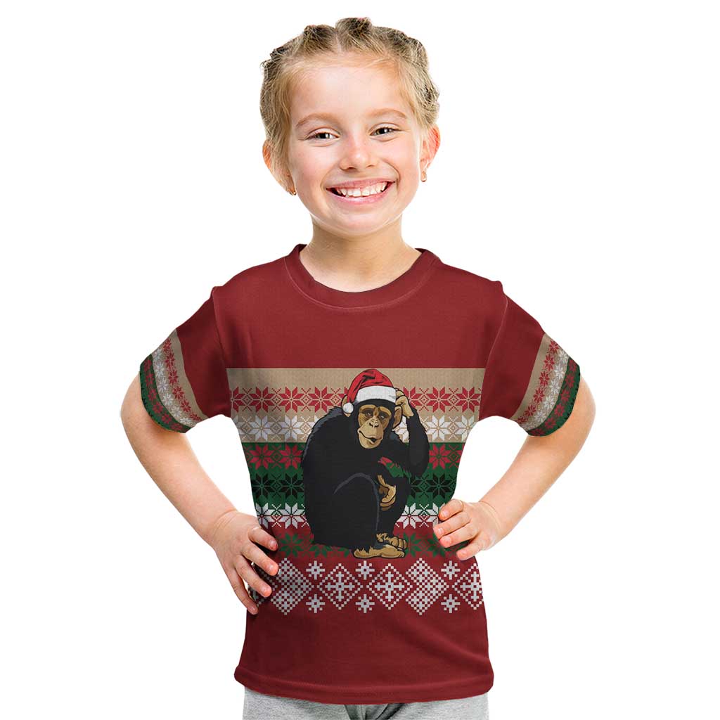 Chimpanzee Christmas Kid T Shirt Chimpanzee Wearing Santa Hat - Red Green Snowflake - Wonder Print Shop