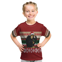 Chimpanzee Christmas Kid T Shirt Chimpanzee Wearing Santa Hat - Red Green Snowflake - Wonder Print Shop