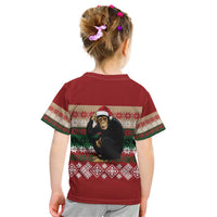 Chimpanzee Christmas Kid T Shirt Chimpanzee Wearing Santa Hat - Red Green Snowflake - Wonder Print Shop