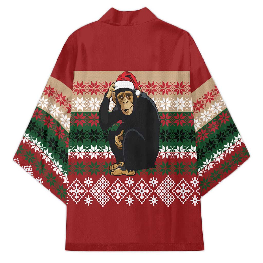 Chimpanzee Christmas Kimono Chimpanzee Wearing Santa Hat - Red Green Snowflake - Wonder Print Shop