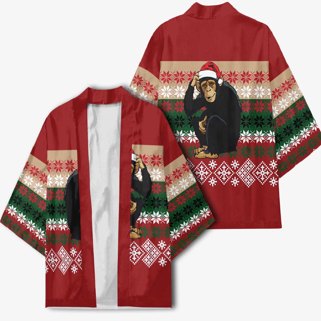Chimpanzee Christmas Kimono Chimpanzee Wearing Santa Hat - Red Green Snowflake - Wonder Print Shop