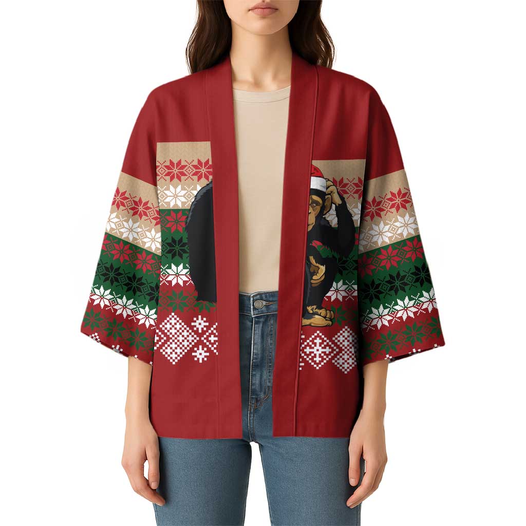 Chimpanzee Christmas Kimono Chimpanzee Wearing Santa Hat - Red Green Snowflake - Wonder Print Shop