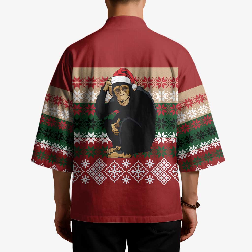 Chimpanzee Christmas Kimono Chimpanzee Wearing Santa Hat - Red Green Snowflake - Wonder Print Shop