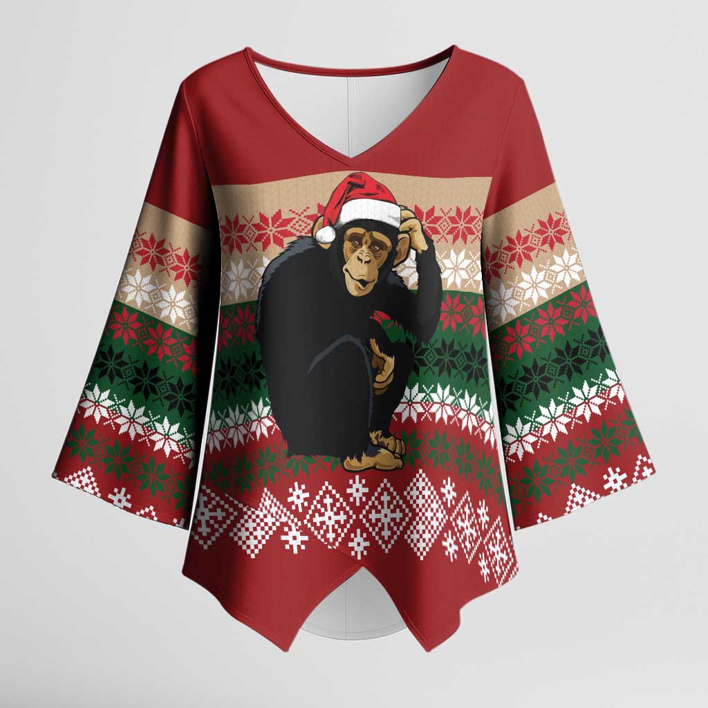 Chimpanzee Christmas Kimono Sleeve Blouse Chimpanzee Wearing Santa Hat - Red Green Snowflake - Wonder Print Shop