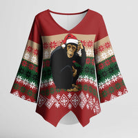 Chimpanzee Christmas Kimono Sleeve Blouse Chimpanzee Wearing Santa Hat - Red Green Snowflake - Wonder Print Shop
