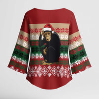 Chimpanzee Christmas Kimono Sleeve Blouse Chimpanzee Wearing Santa Hat - Red Green Snowflake - Wonder Print Shop