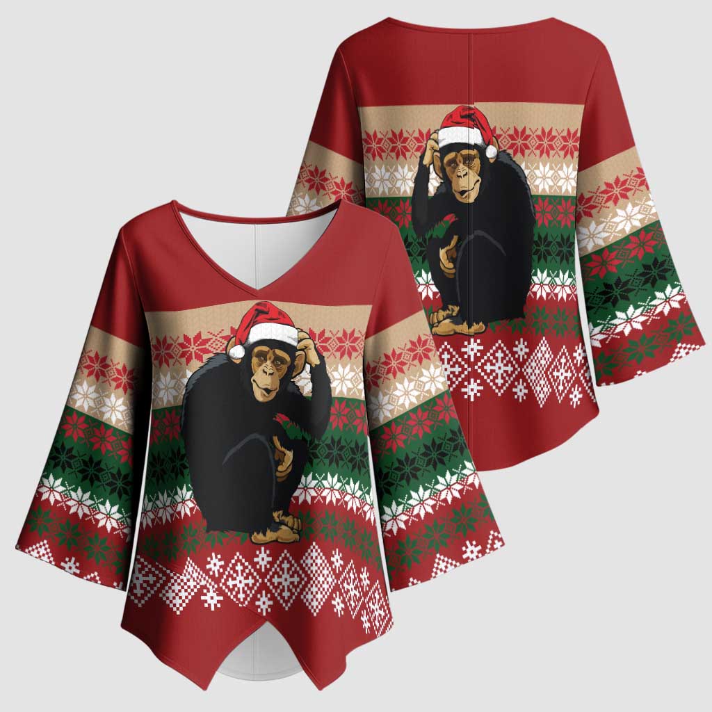 Chimpanzee Christmas Kimono Sleeve Blouse Chimpanzee Wearing Santa Hat - Red Green Snowflake - Wonder Print Shop