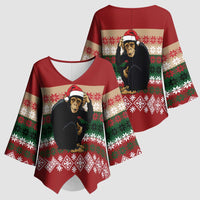 Chimpanzee Christmas Kimono Sleeve Blouse Chimpanzee Wearing Santa Hat - Red Green Snowflake - Wonder Print Shop