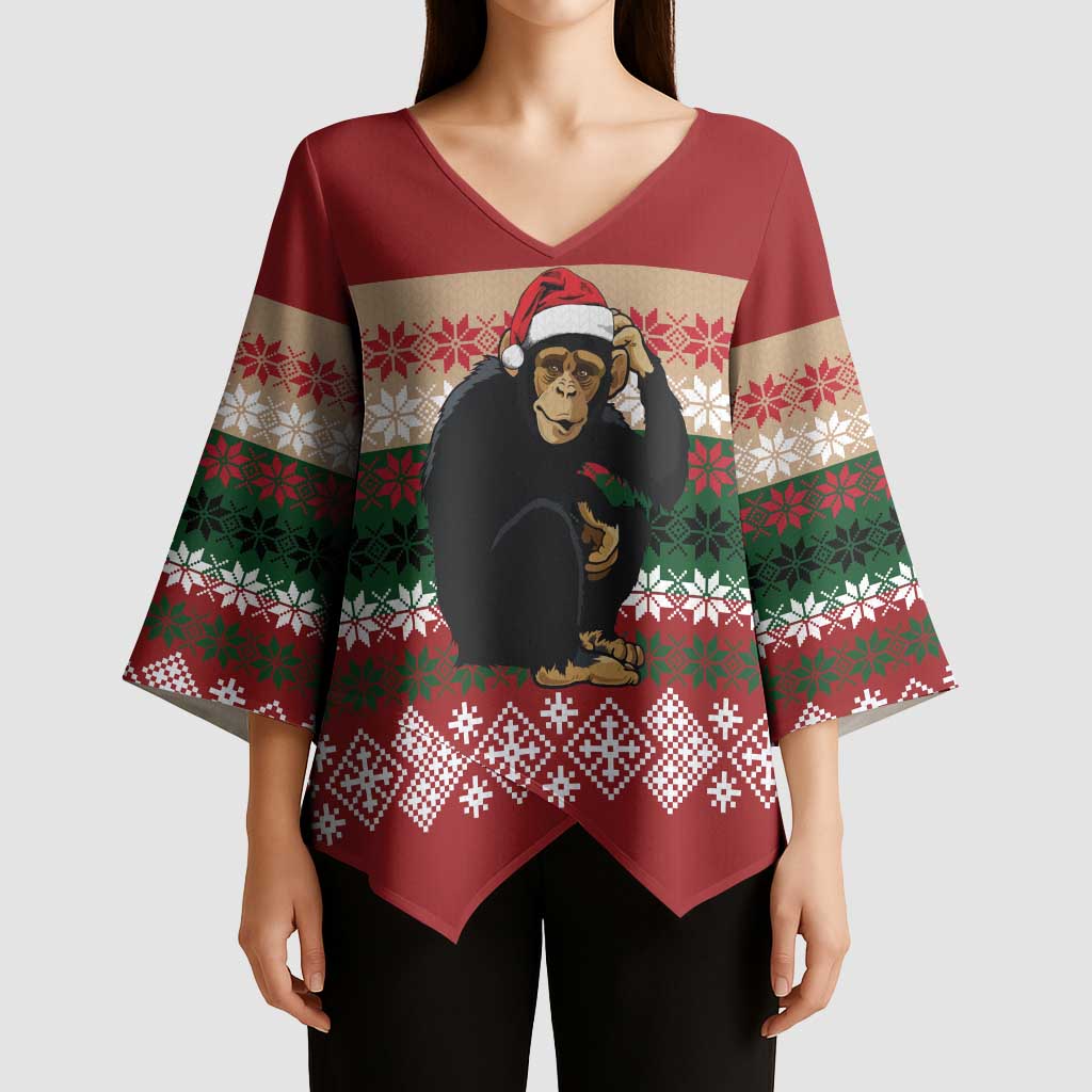 Chimpanzee Christmas Kimono Sleeve Blouse Chimpanzee Wearing Santa Hat - Red Green Snowflake - Wonder Print Shop