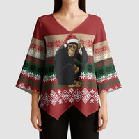 Chimpanzee Christmas Kimono Sleeve Blouse Chimpanzee Wearing Santa Hat - Red Green Snowflake - Wonder Print Shop