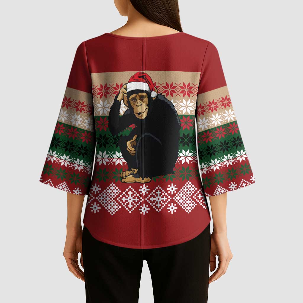 Chimpanzee Christmas Kimono Sleeve Blouse Chimpanzee Wearing Santa Hat - Red Green Snowflake - Wonder Print Shop