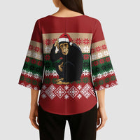 Chimpanzee Christmas Kimono Sleeve Blouse Chimpanzee Wearing Santa Hat - Red Green Snowflake - Wonder Print Shop