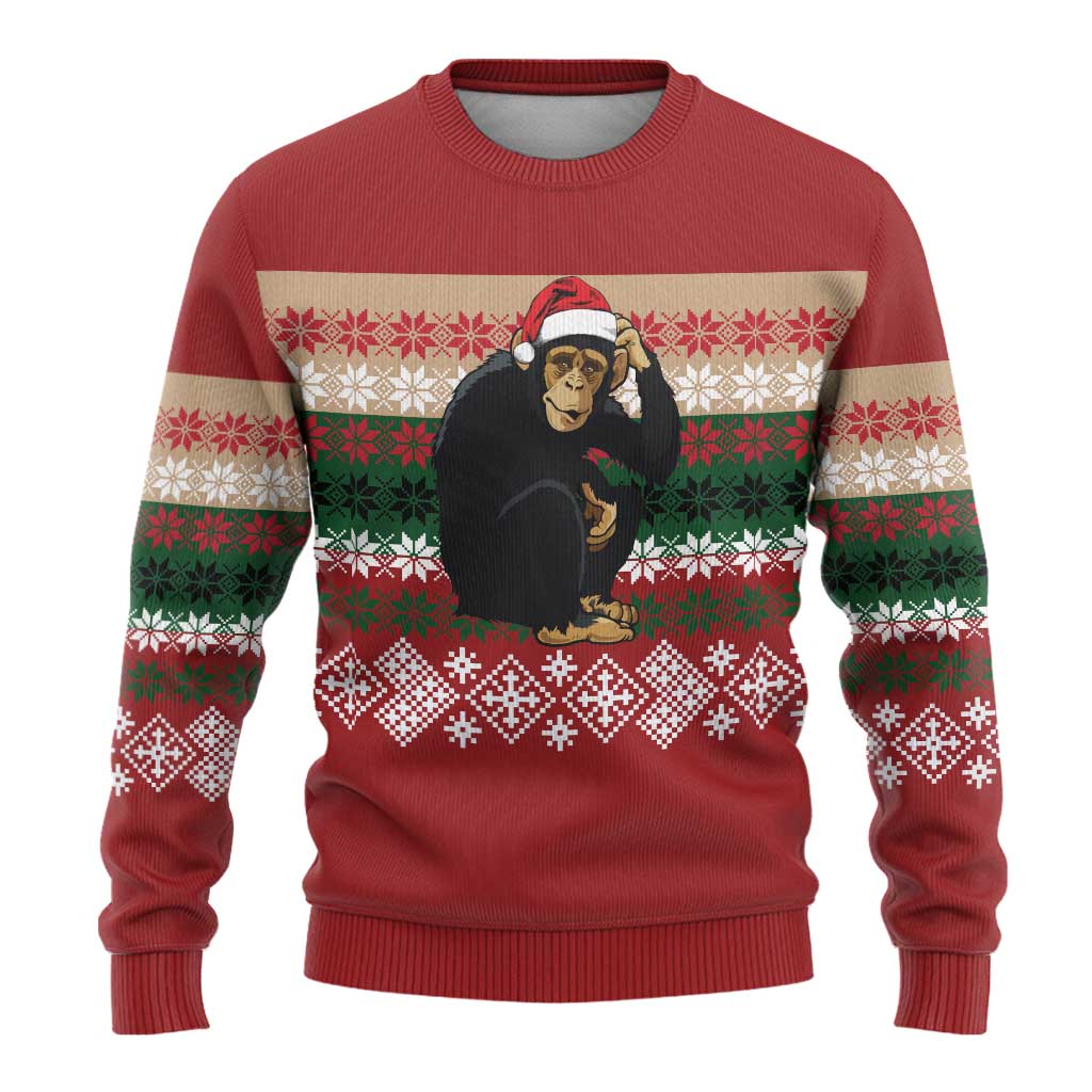 Chimpanzee Christmas Ugly Christmas Sweater Chimpanzee Wearing Santa Hat - Red Green Snowflake - Wonder Print Shop