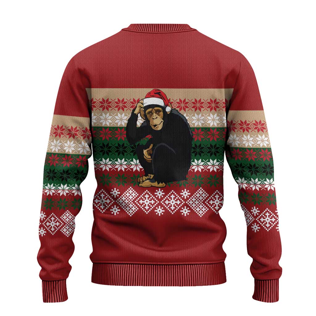 Chimpanzee Christmas Ugly Christmas Sweater Chimpanzee Wearing Santa Hat - Red Green Snowflake - Wonder Print Shop