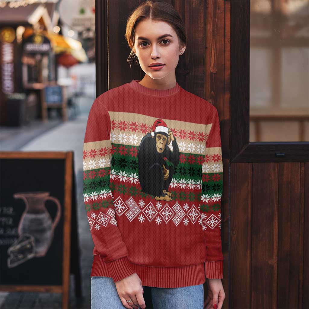 Chimpanzee Christmas Ugly Christmas Sweater Chimpanzee Wearing Santa Hat - Red Green Snowflake - Wonder Print Shop
